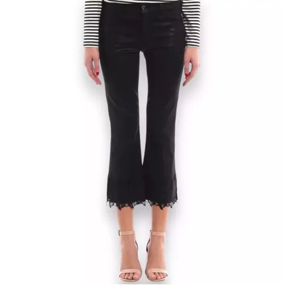 J Brand Selena Coated Cropped Lace Hem Mid-Rise Bootcut Jeans Sz 28 Black Boho