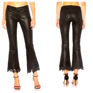 J Brand Selena Coated Cropped Lace Hem Mid-Rise Bootcut Jeans Sz 28 Black Boho