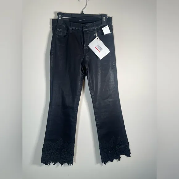 J Brand Selena Coated Cropped Lace Hem Mid-Rise Bootcut Jeans Sz 28 Black Boho