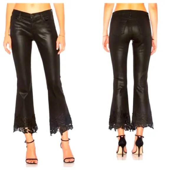 J Brand Selena Coated Cropped Lace Hem Mid-Rise Bootcut Jeans Sz 28 Black Boho
