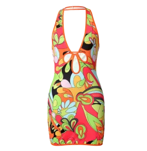 Jaded London Multi-coloured Retro Print Plunge Halter Mini Dress UK 10