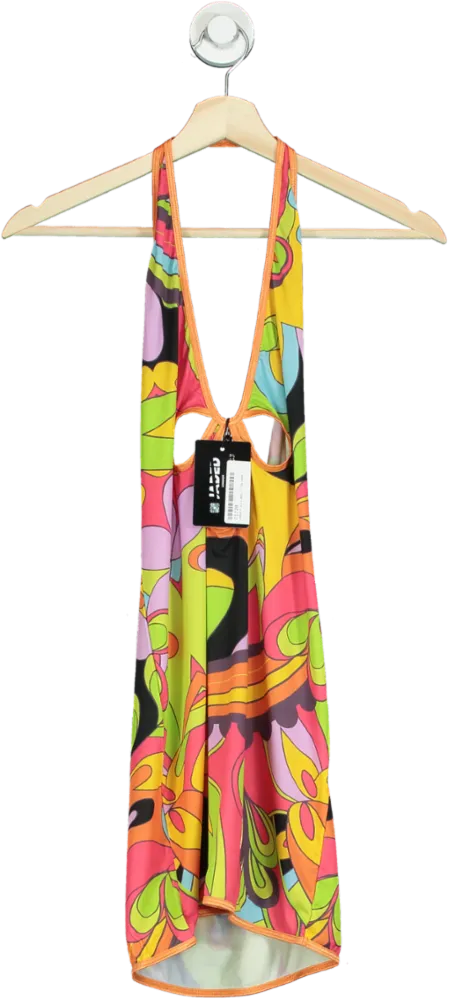 Jaded London Multi-coloured Retro Print Plunge Halter Mini Dress UK 12