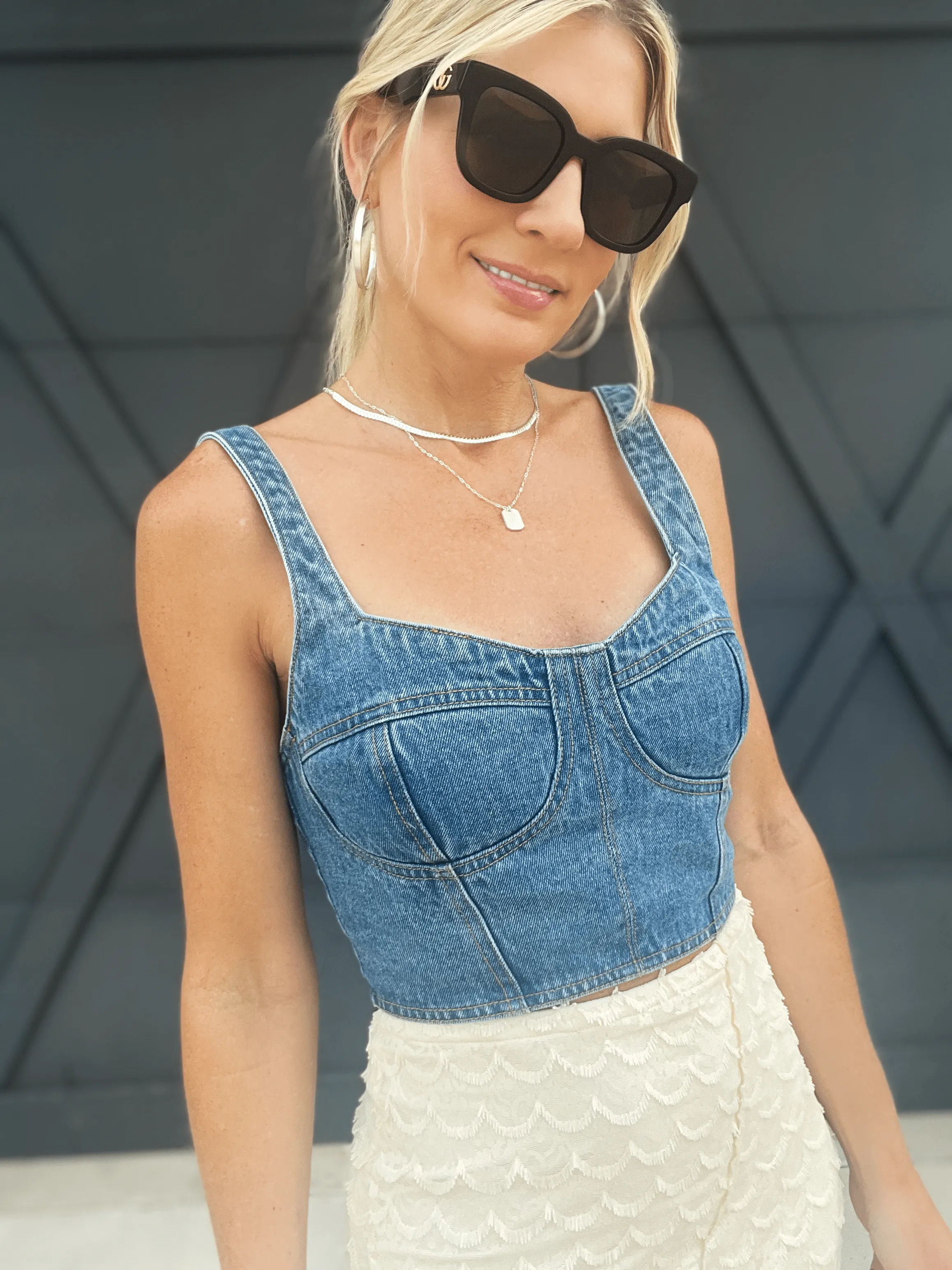 Jean Corset Bustier Top In Light Denim