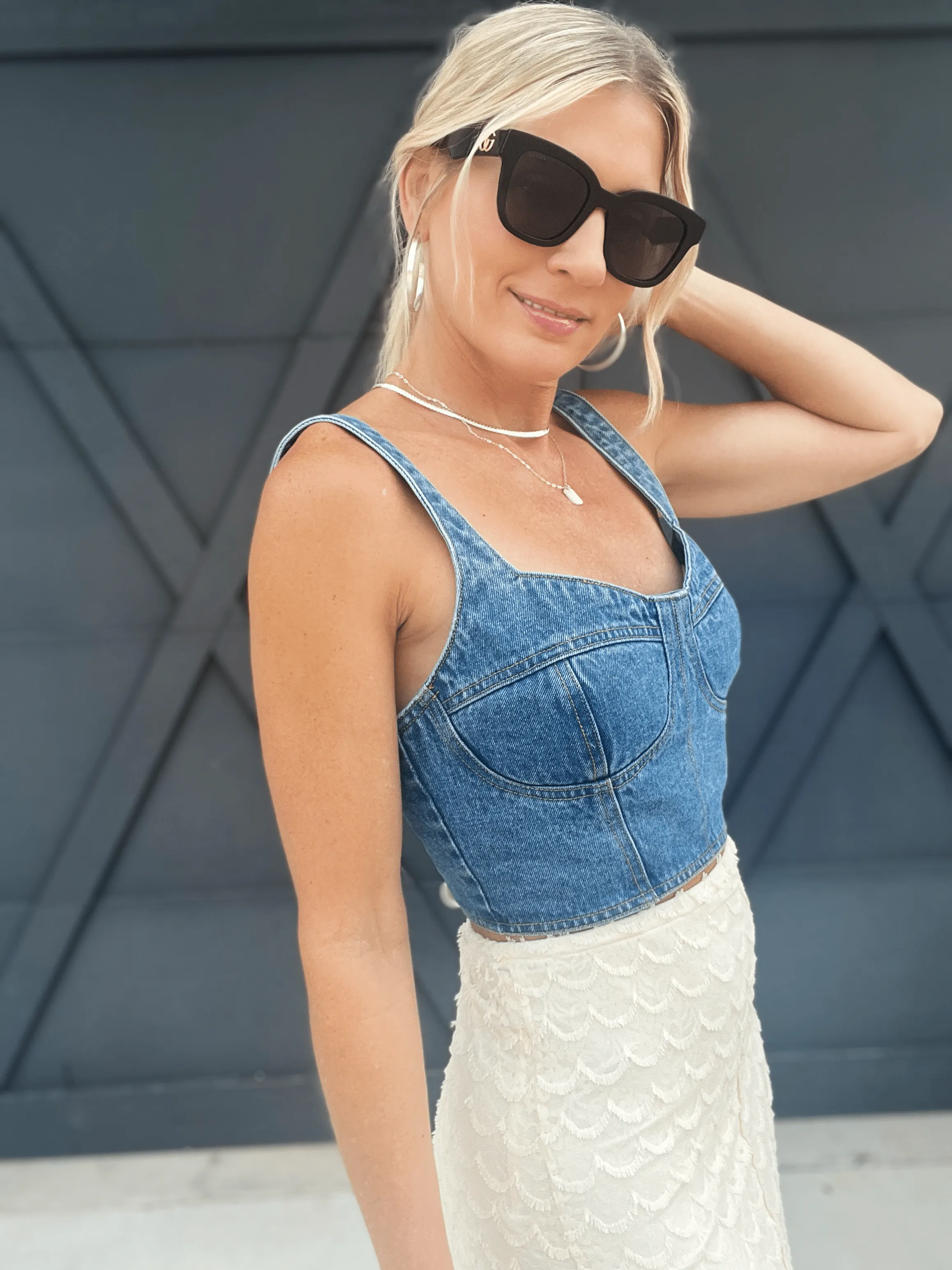 Jean Corset Bustier Top In Light Denim