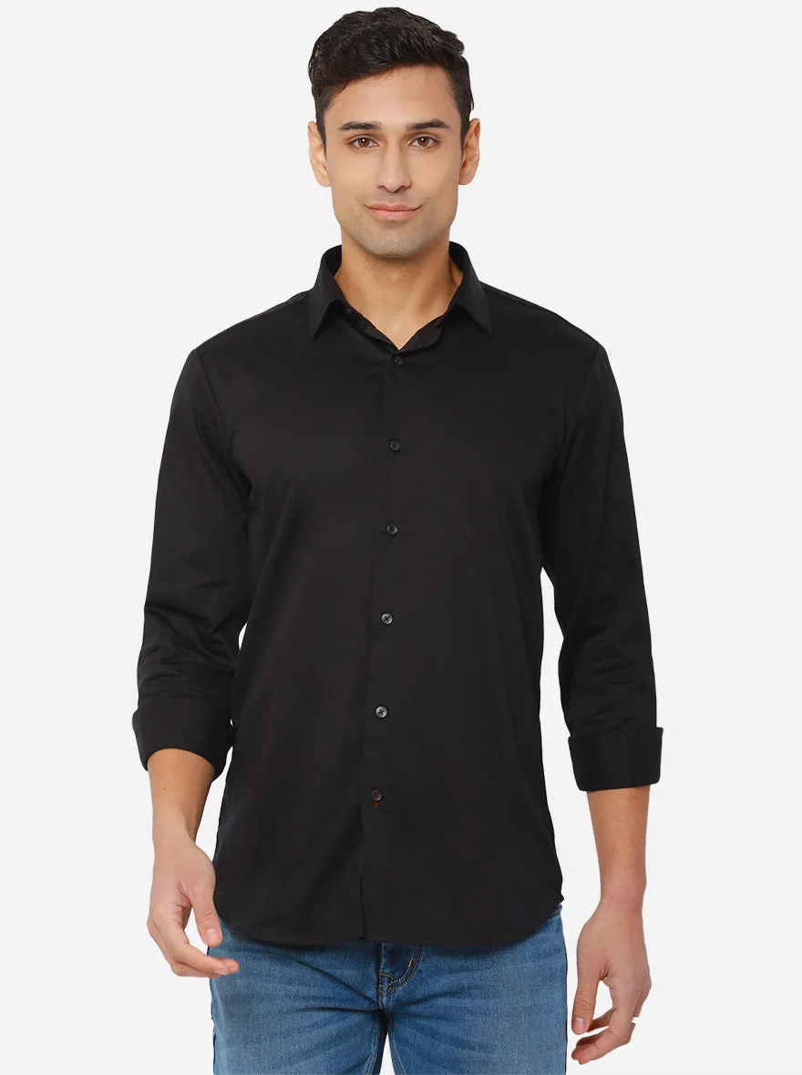 Jet Black Solid Slim Fit Semi Casual Shirt | JadeBlue