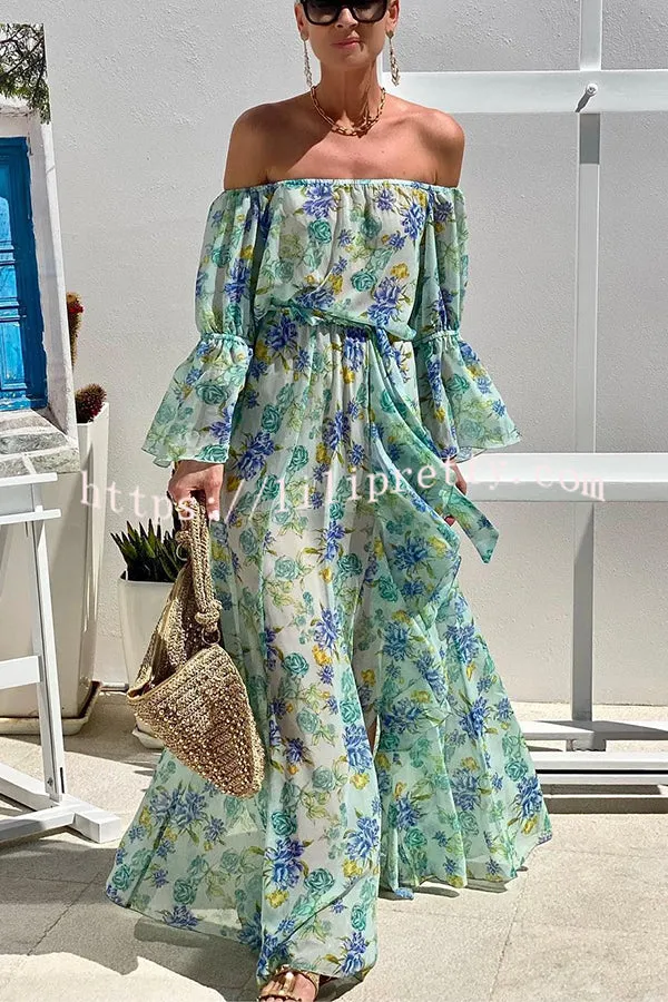 Joyful Journeys Off Shoulder Floral Print Elastic Waist Ruffle Maxi Dress