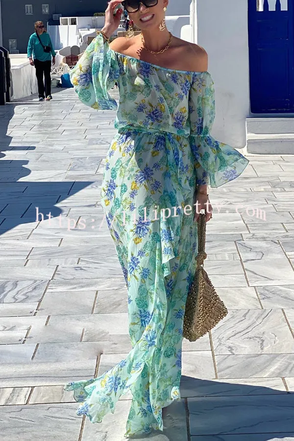 Joyful Journeys Off Shoulder Floral Print Elastic Waist Ruffle Maxi Dress