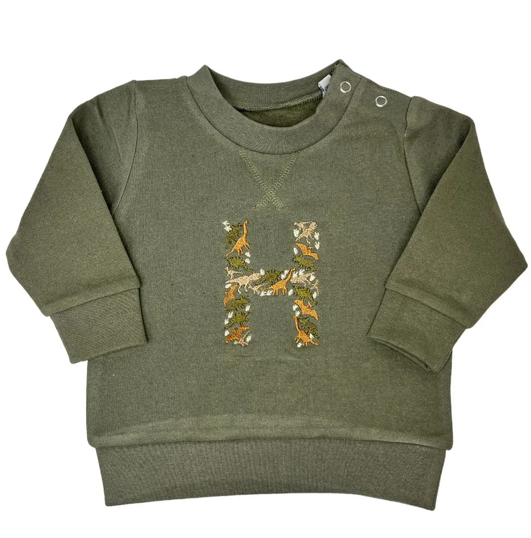 Khaki Green Dino Initial Sweater