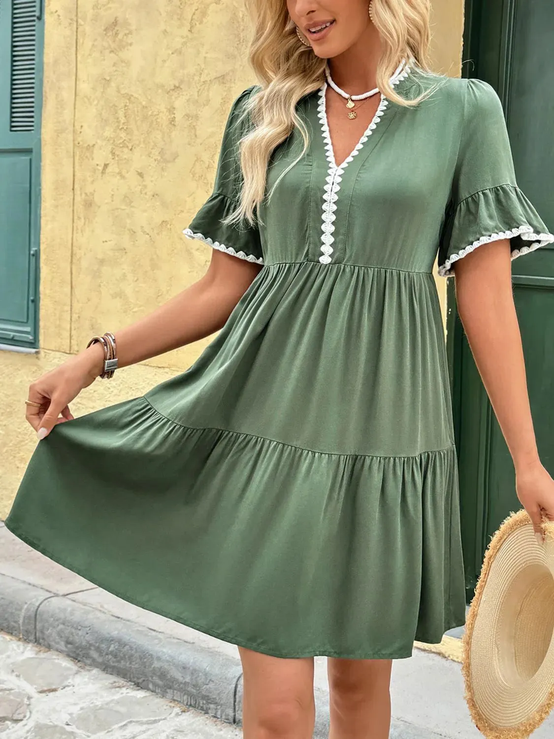 Lace Detail Notched Flounce Sleeve Mini Dress