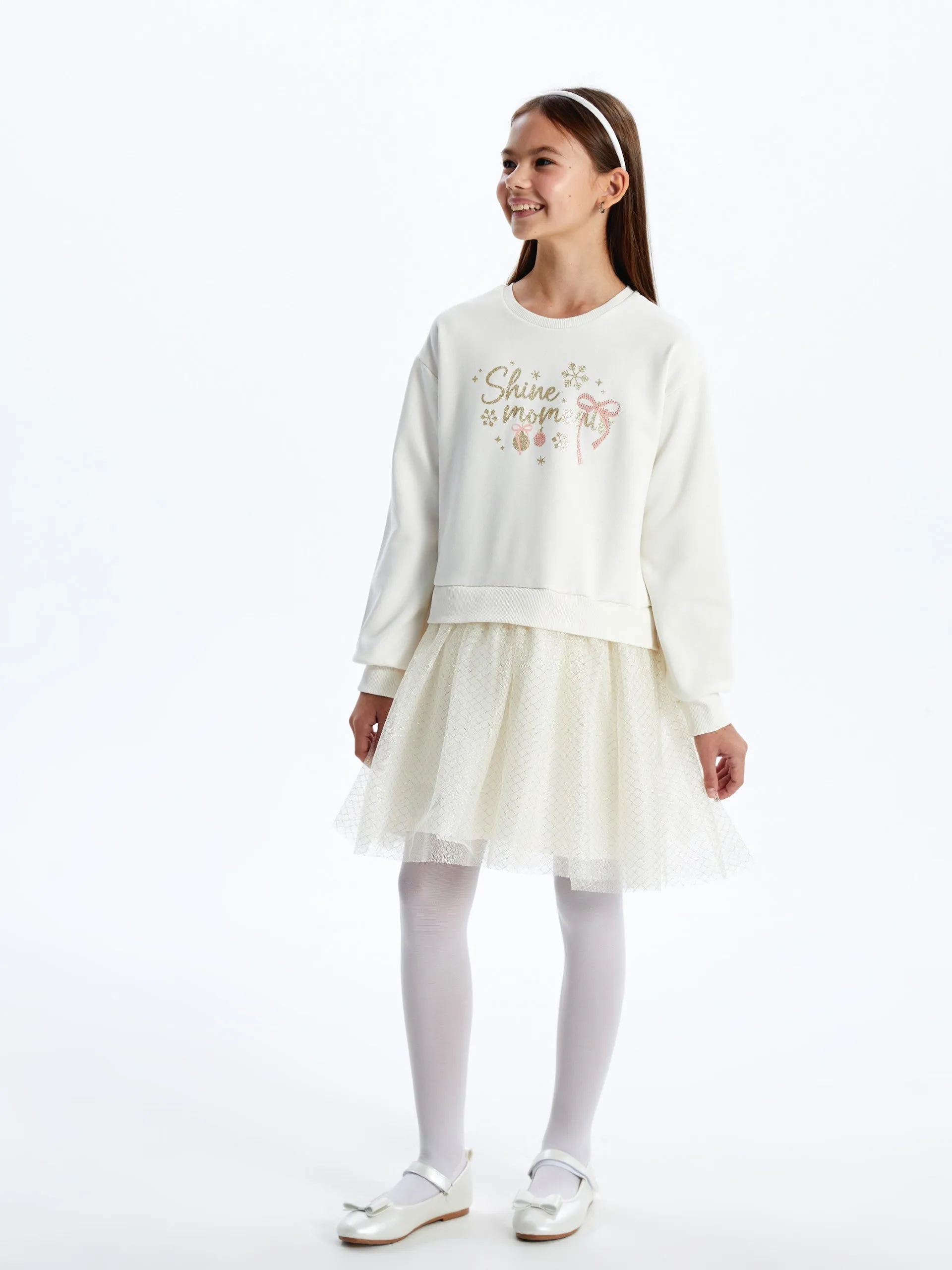 Lcw Kids Ecru Crew Neck Girl Dress
