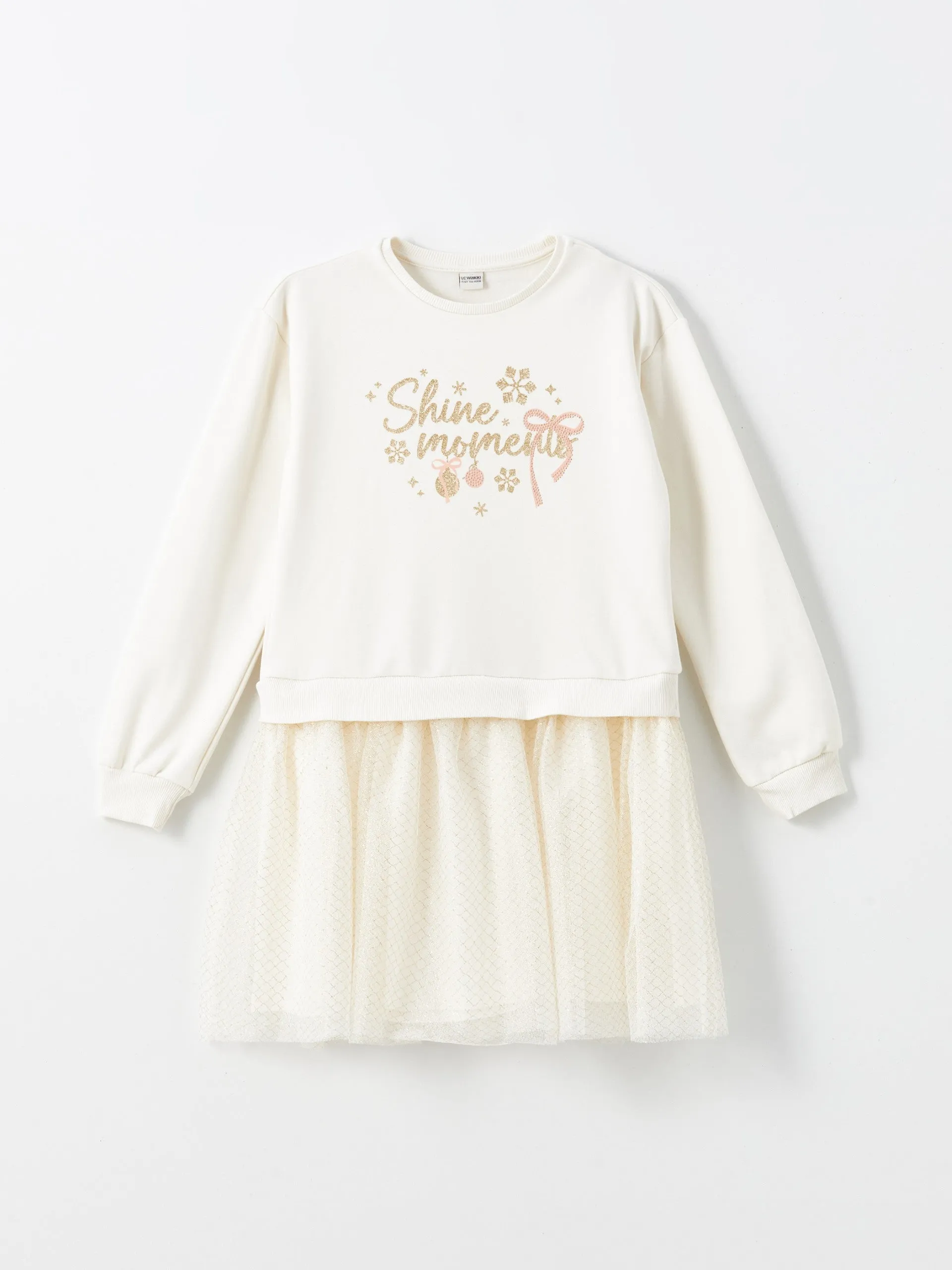 Lcw Kids Ecru Crew Neck Girl Dress