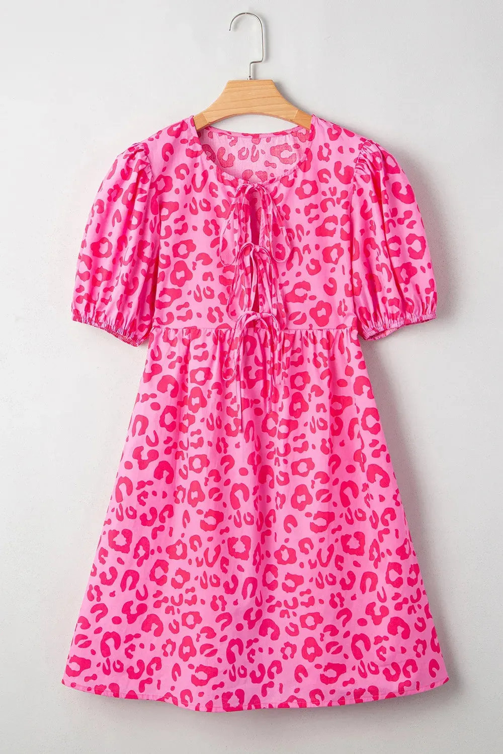 Leopard Tie Front Puff Sleeve Dress