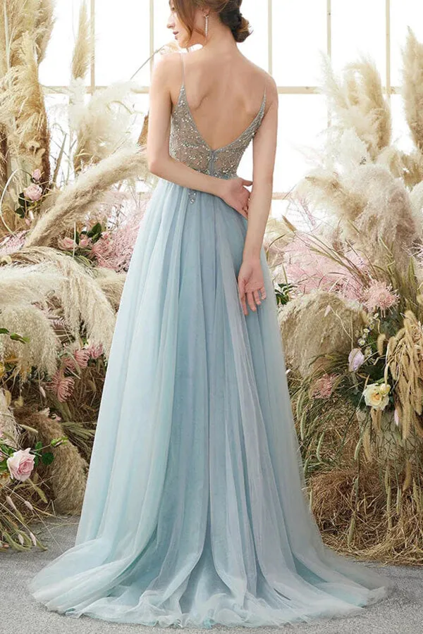 Light Blue Tulle Beaded A-line V-neck Long Prom Dresses, Evening Gowns, SP833