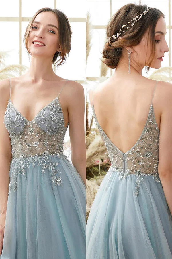 Light Blue Tulle Beaded A-line V-neck Long Prom Dresses, Evening Gowns, SP833