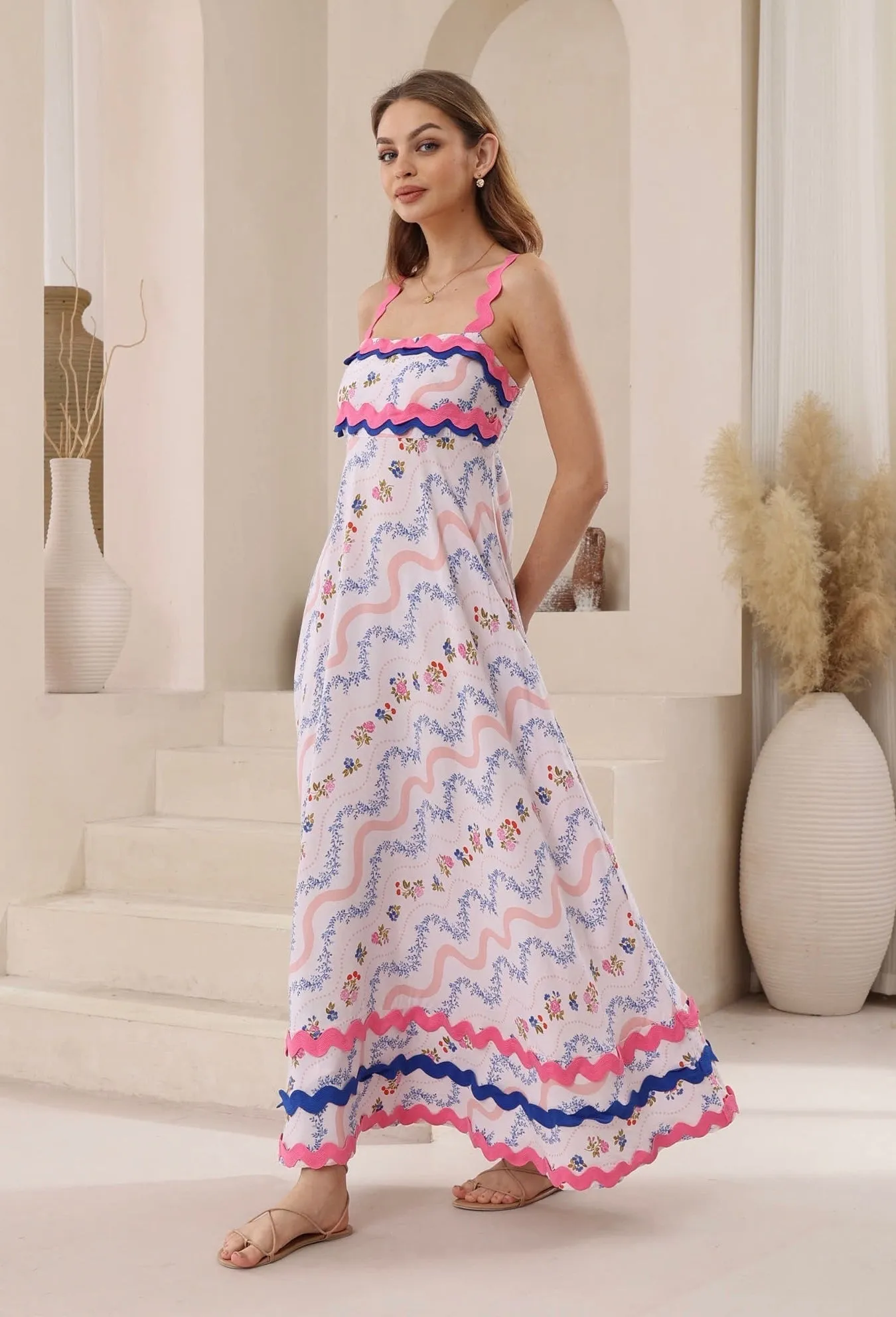 Lila  Waves Smocked Maxi Dress-Pink