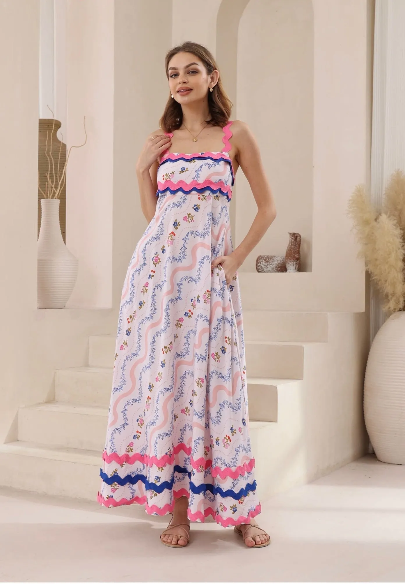 Lila  Waves Smocked Maxi Dress-Pink