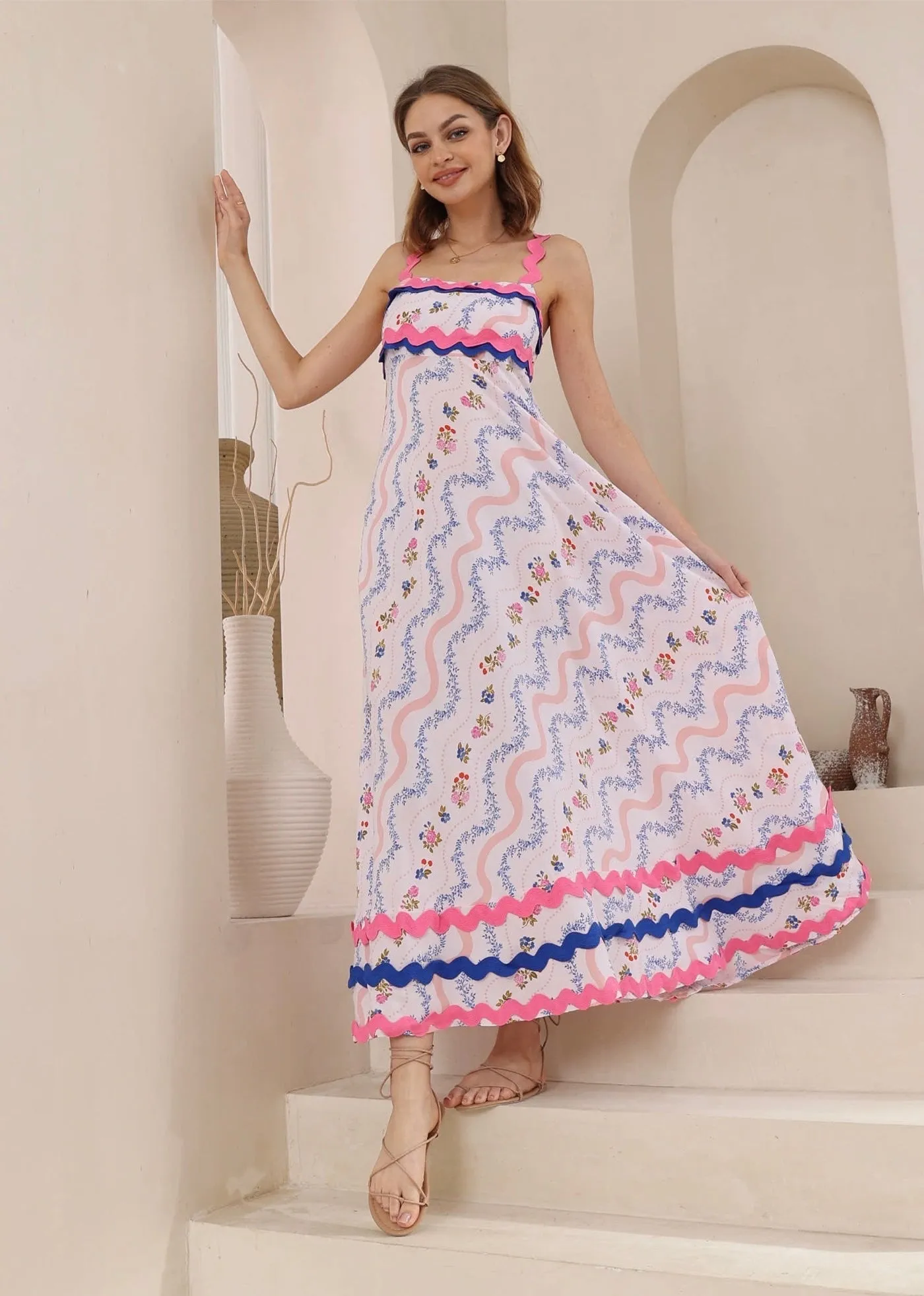 Lila  Waves Smocked Maxi Dress-Pink