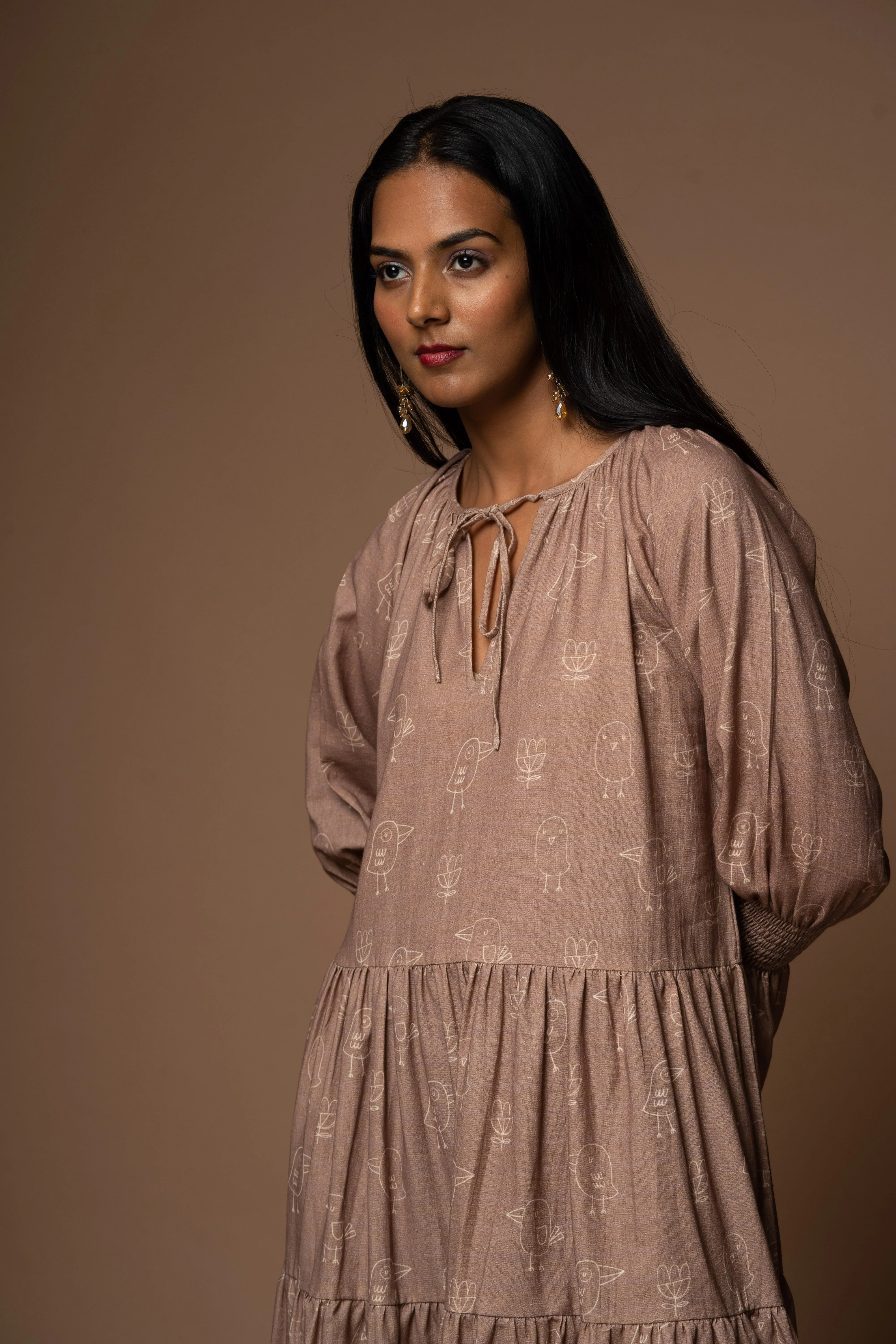 Lofty Layers Short Boho Dress in Good morning Birdie Pattern