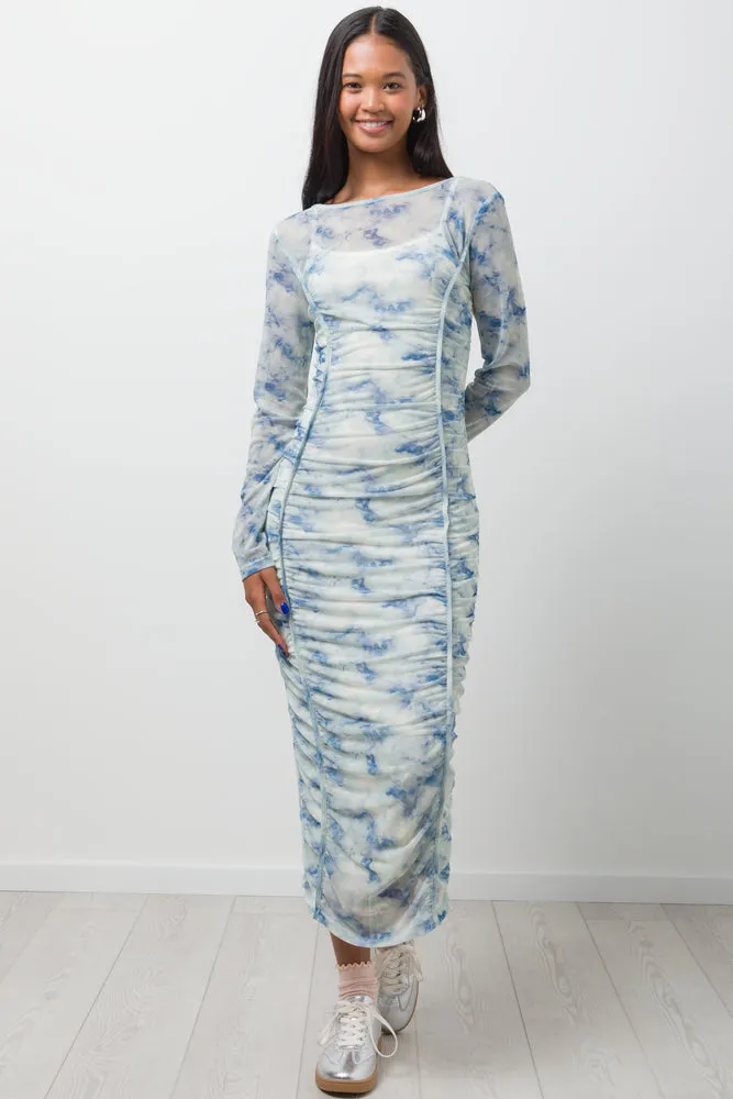 Long Sleeve Mesh Dress White & Blue