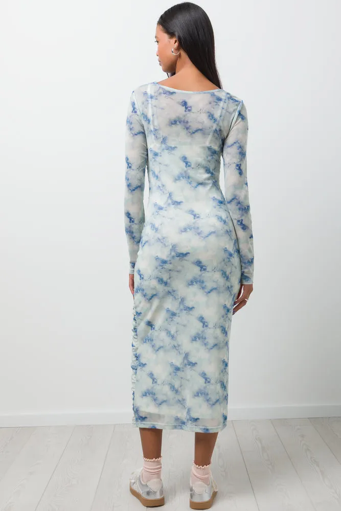 Long Sleeve Mesh Dress White & Blue