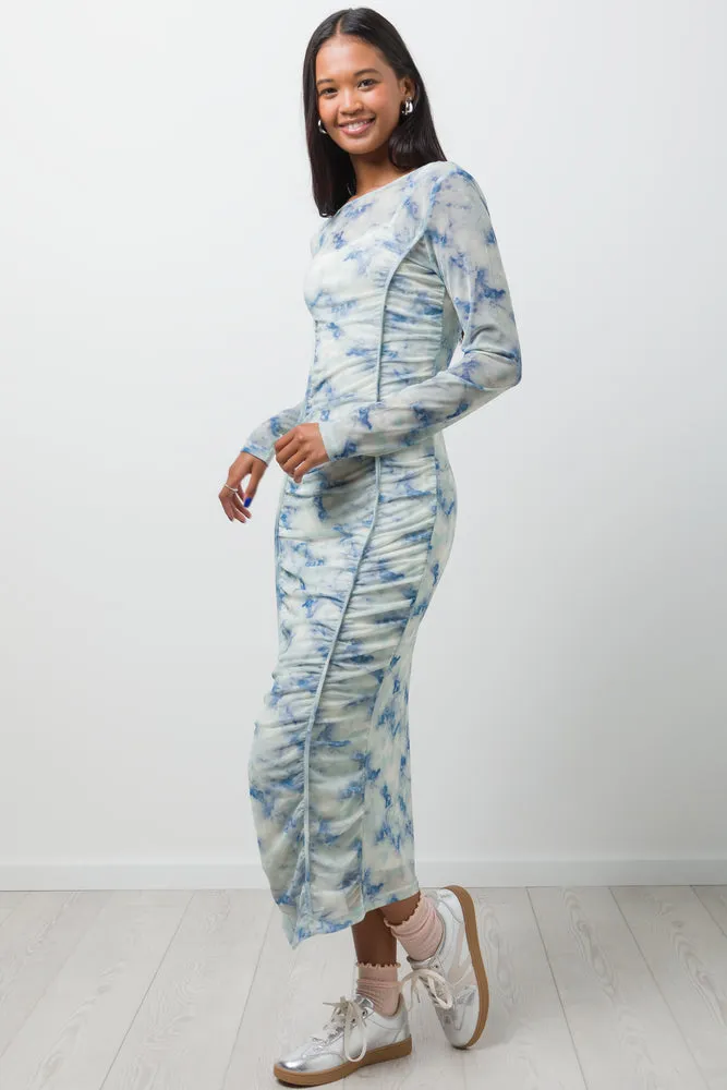 Long Sleeve Mesh Dress White & Blue