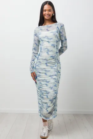Long Sleeve Mesh Dress White & Blue