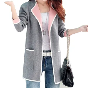 Long Sweaters Women All-match Patchwork Full sleeve Slim Pocket Knitted Cardigan Sweater M-XXXL