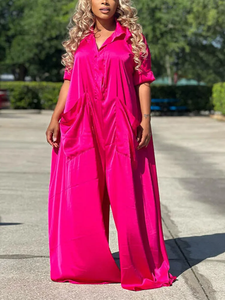 Loose Solid V-neck Jumpsuit