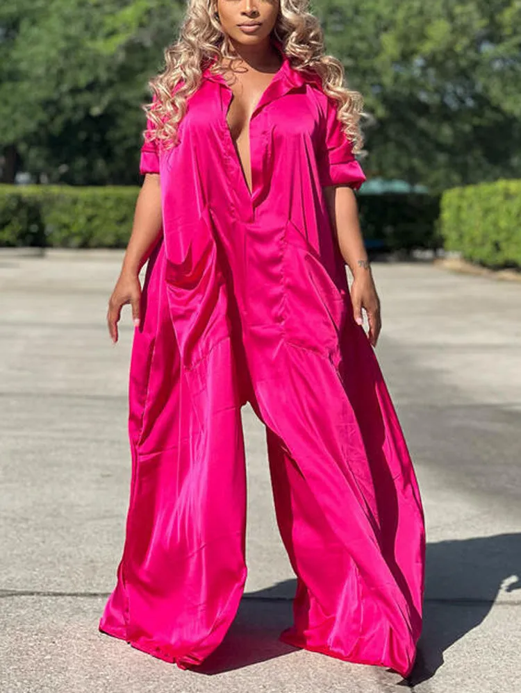 Loose Solid V-neck Jumpsuit