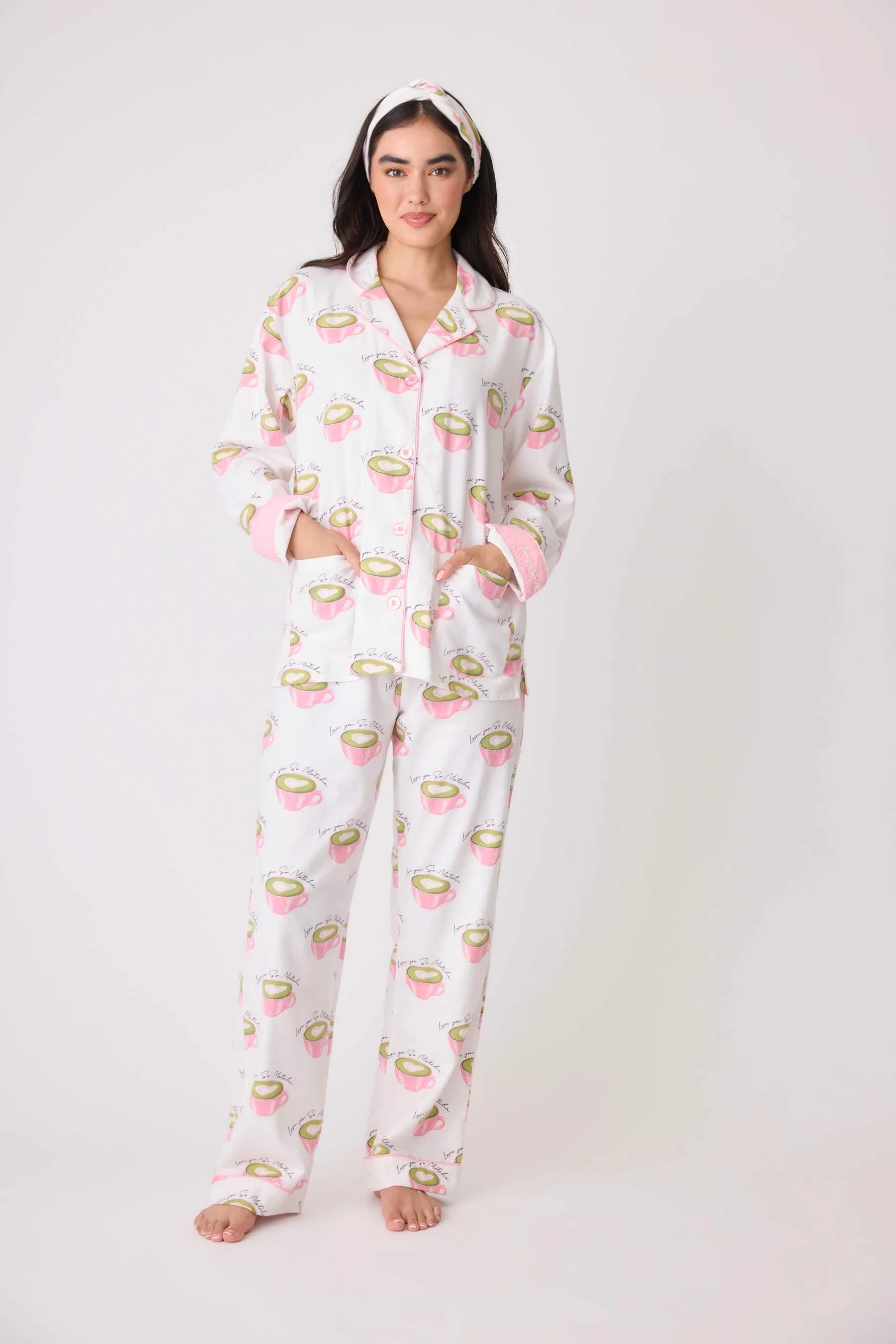 Love 'U' So Matcha Cozy Flannel PJ Set - White Linen