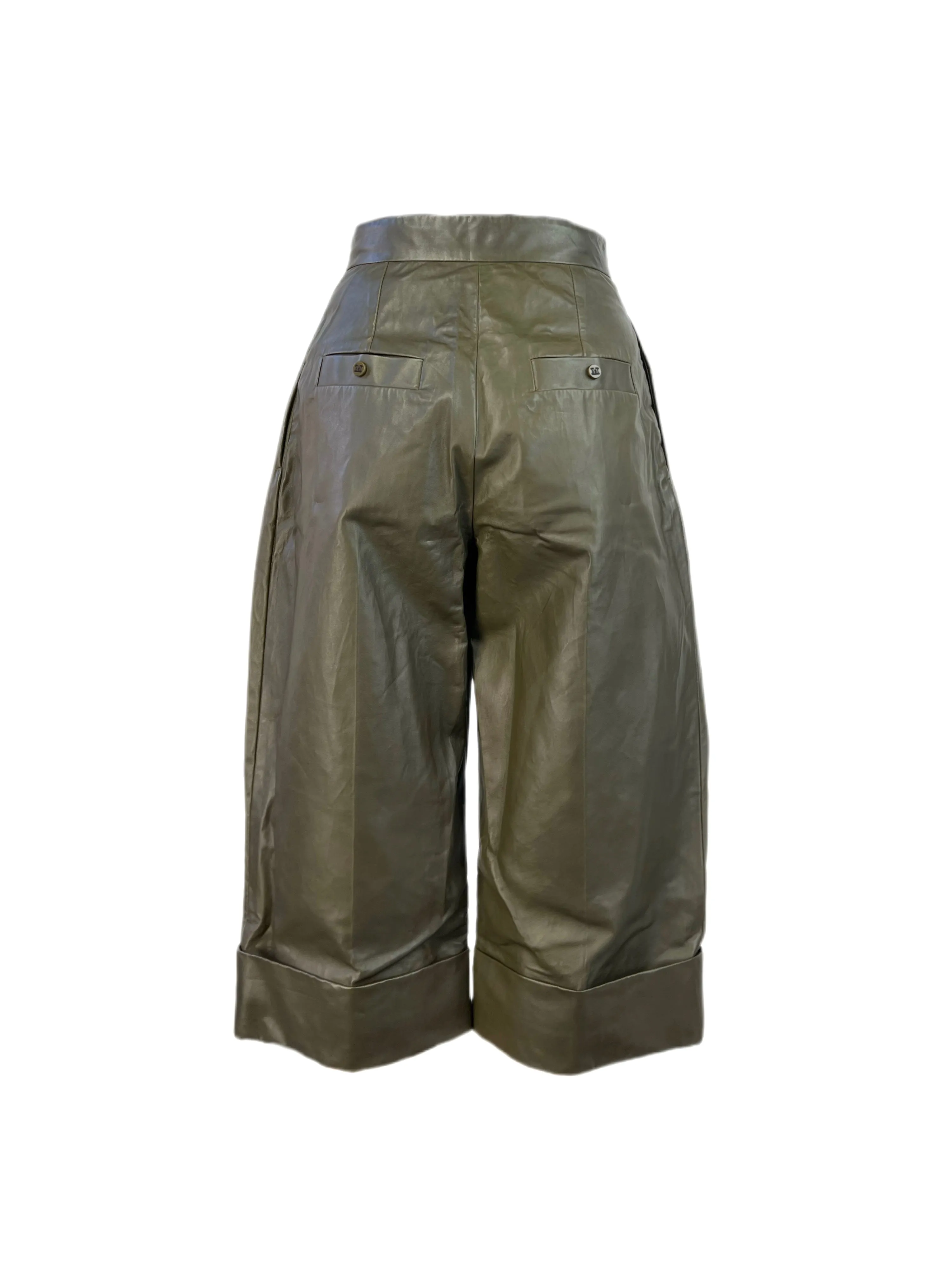 Max Mara Women's Kaki Tevere High Rise Leather Capri Pants Size 4 NWT