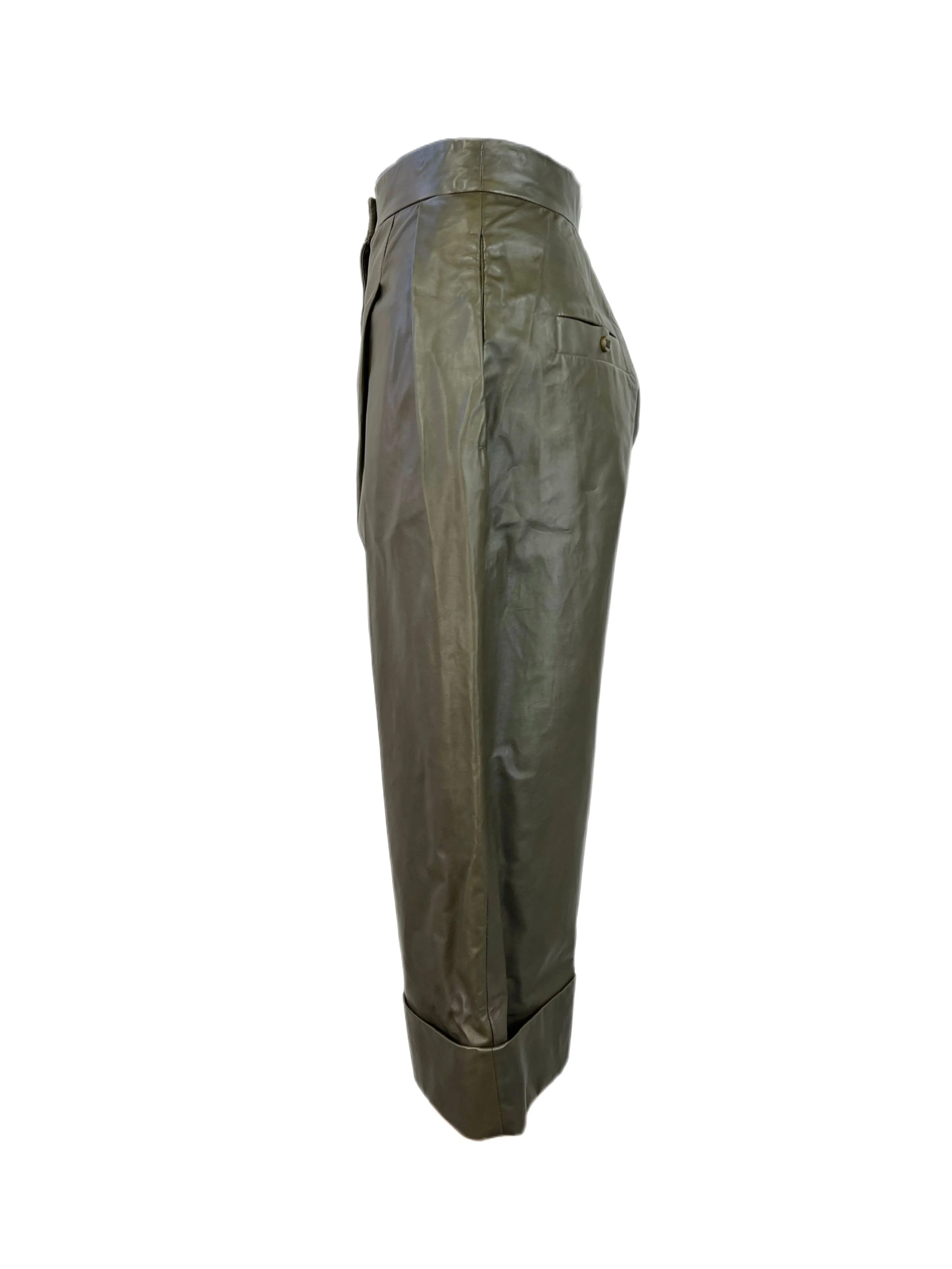 Max Mara Women's Kaki Tevere High Rise Leather Capri Pants Size 4 NWT