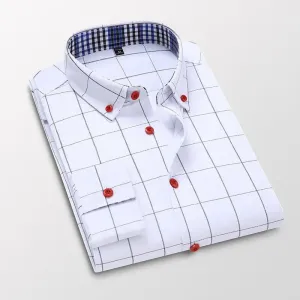 Men's Plaid Long Sleeve Dress Shirt Button Down Collar Male Business Formal Checkered Shirts Smart Casual Social Shirts