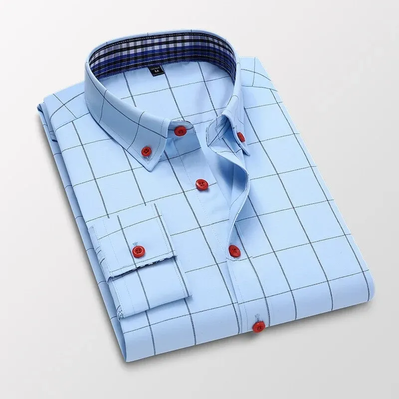 Men's Plaid Long Sleeve Dress Shirt Button Down Collar Male Business Formal Checkered Shirts Smart Casual Social Shirts