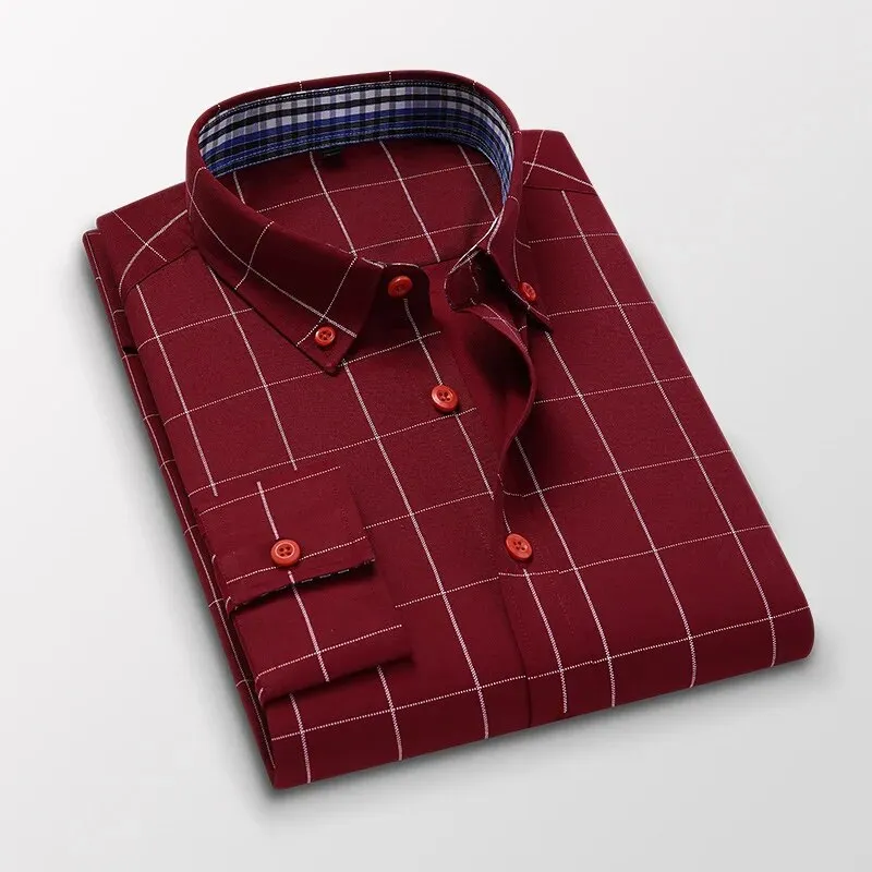 Men's Plaid Long Sleeve Dress Shirt Button Down Collar Male Business Formal Checkered Shirts Smart Casual Social Shirts