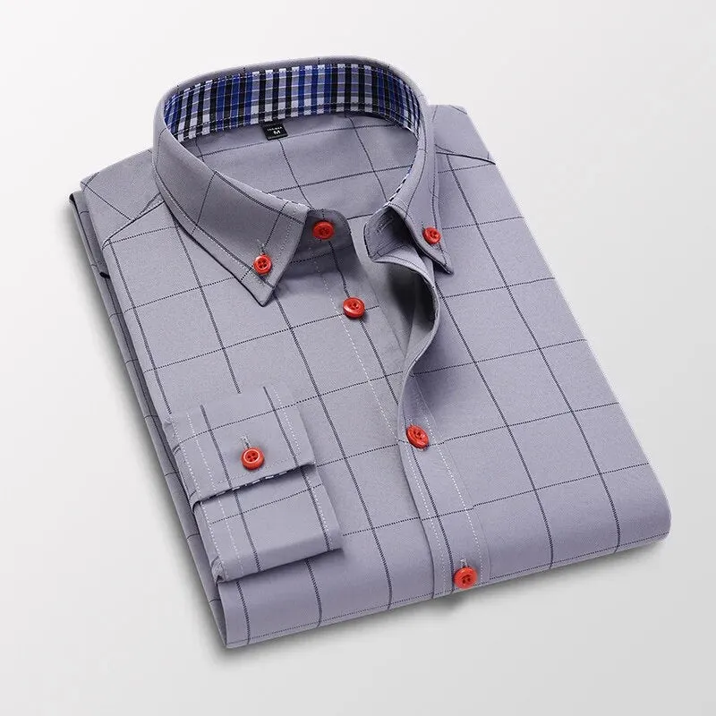Men's Plaid Long Sleeve Dress Shirt Button Down Collar Male Business Formal Checkered Shirts Smart Casual Social Shirts