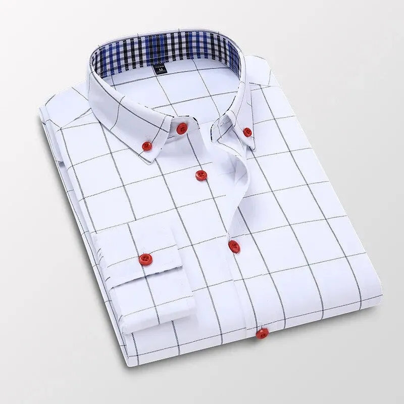 Men's Plaid Long Sleeve Dress Shirt Button Down Collar Male Business Formal Checkered Shirts Smart Casual Social Shirts