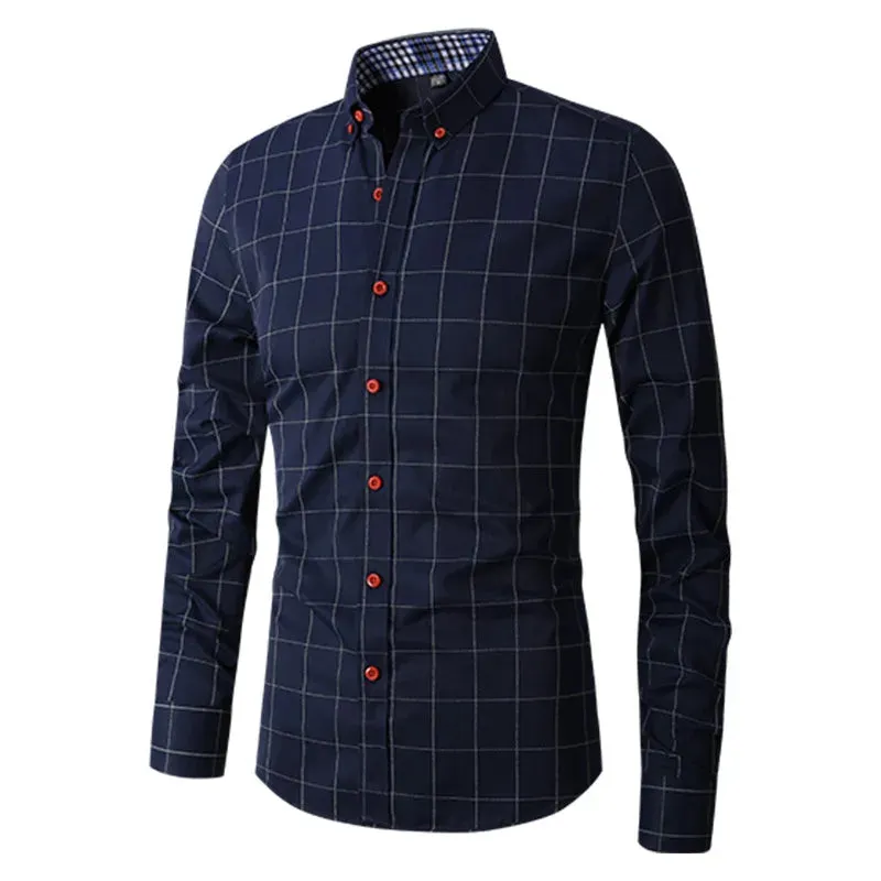 Men's Plaid Long Sleeve Dress Shirt Button Down Collar Male Business Formal Checkered Shirts Smart Casual Social Shirts