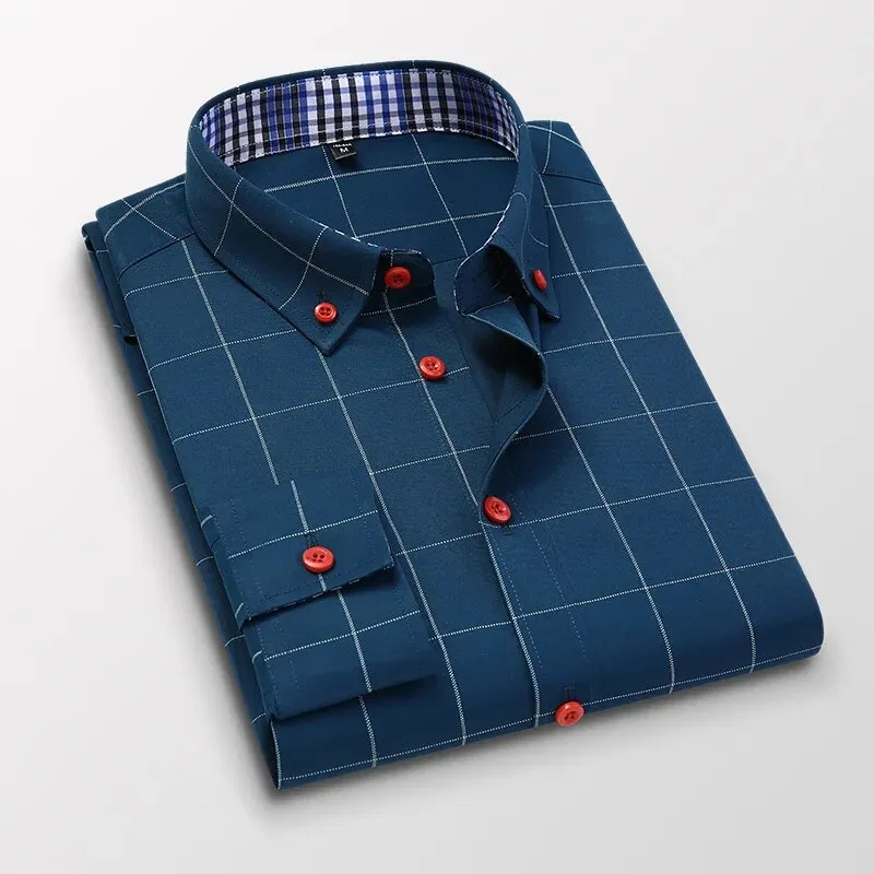 Men's Plaid Long Sleeve Dress Shirt Button Down Collar Male Business Formal Checkered Shirts Smart Casual Social Shirts