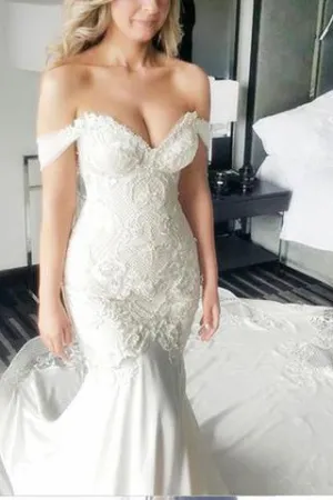 Mermaid Off-the-Shoulder Lace Long Cheap Count Train Backless Plus Size Wedding Dresses OK774