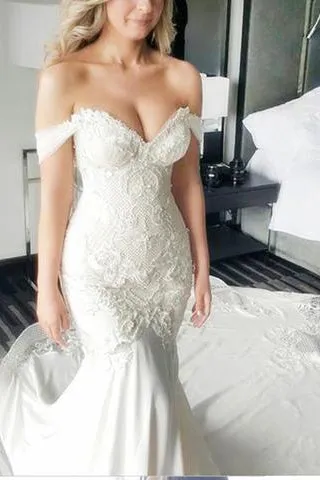 Mermaid Off-the-Shoulder Lace Long Cheap Count Train Backless Plus Size Wedding Dresses OK774