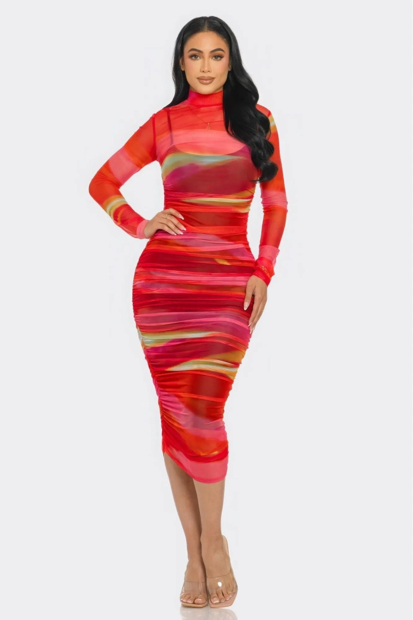 Mesh Ruched Midi Dress