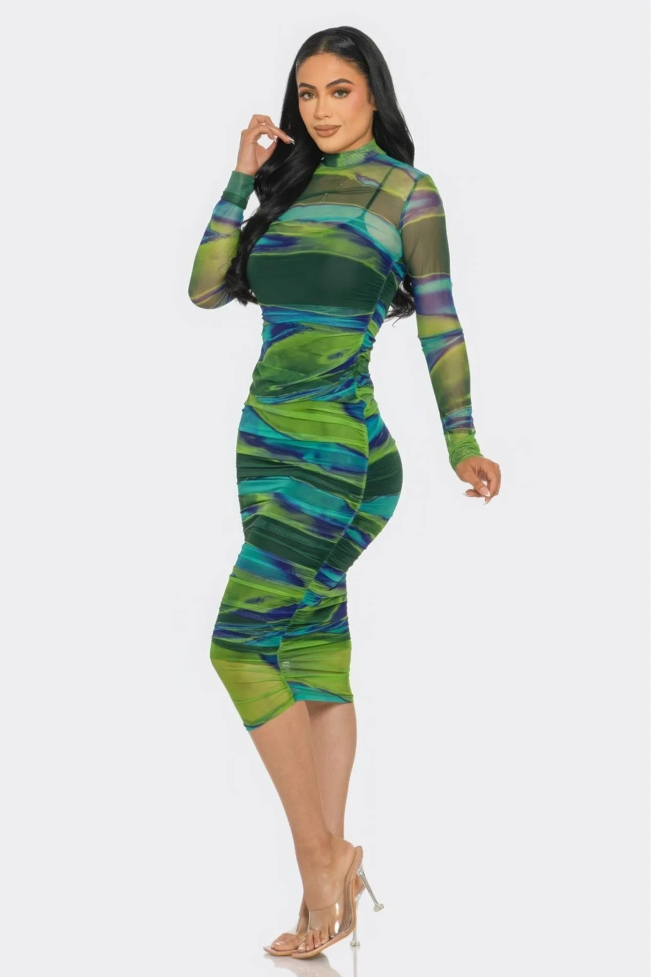 Mesh Ruched Midi Dress