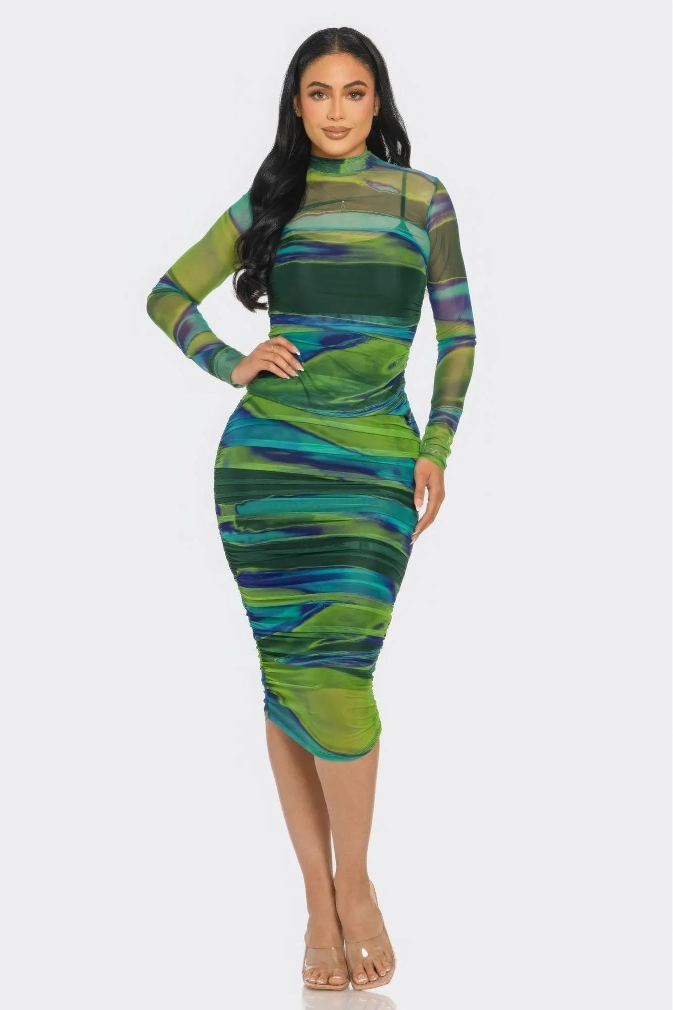 Mesh Ruched Midi Dress