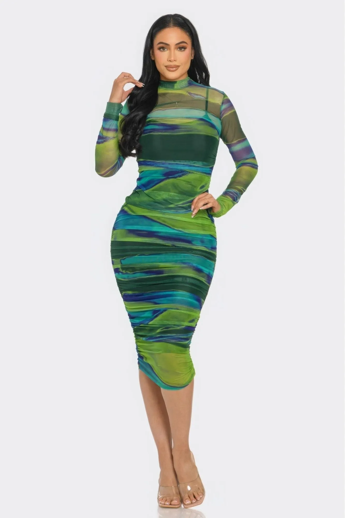 Mesh Ruched Midi Dress