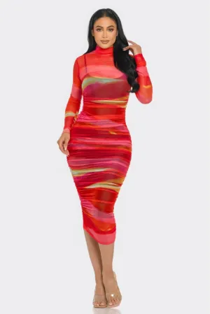 Mesh Ruched Midi Dress
