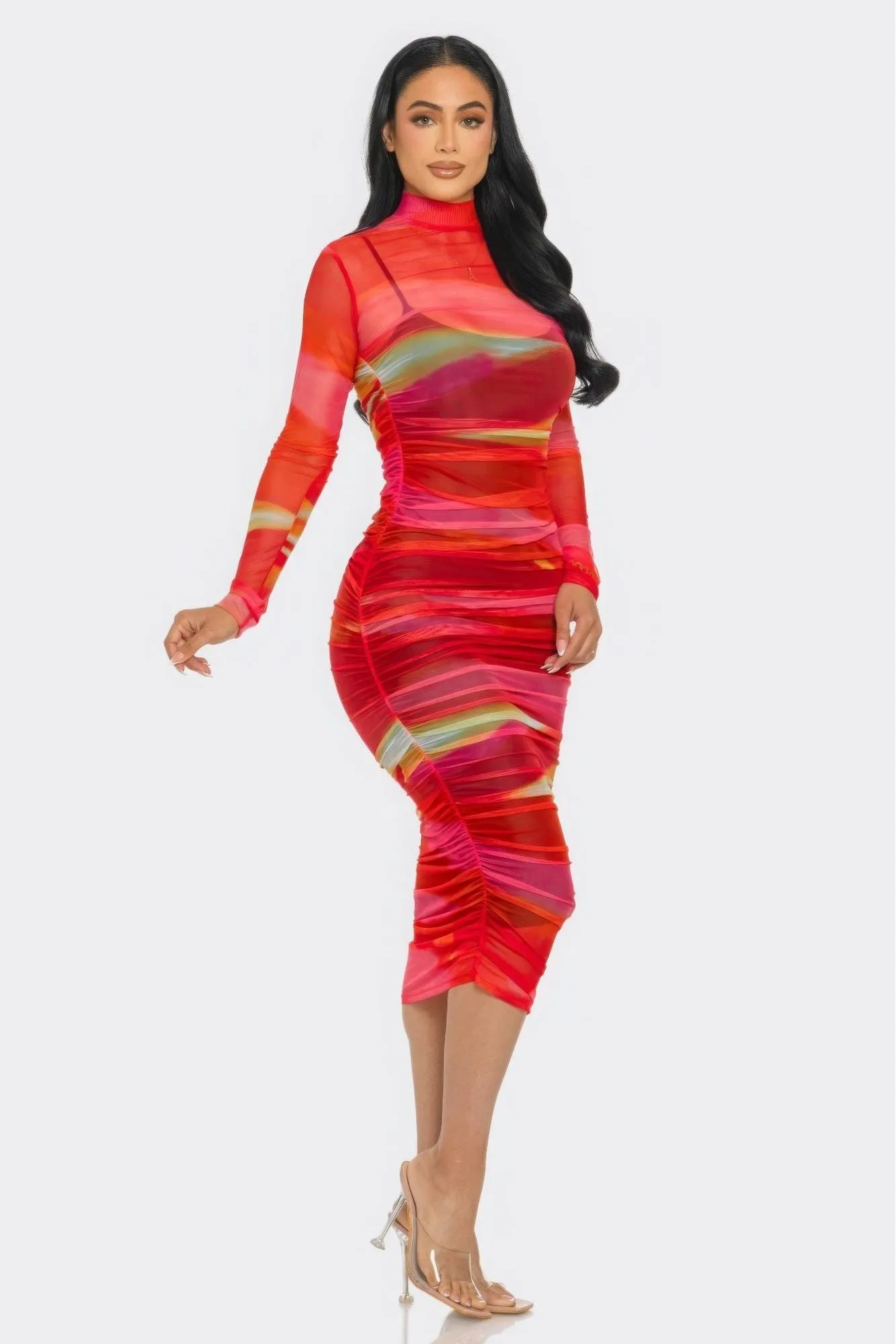 Mesh Ruched Midi Dress