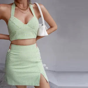Mini Dress Summer Ruffles Sundress Short Sleeve Women's High Waist Plaid Skirt Sexy платье Halter Camisole Set Print Tie Up Wrap