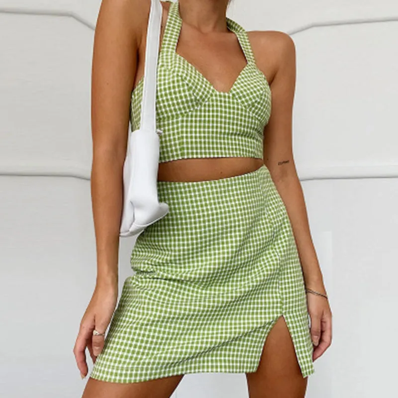 Mini Dress Summer Ruffles Sundress Short Sleeve Women's High Waist Plaid Skirt Sexy платье Halter Camisole Set Print Tie Up Wrap
