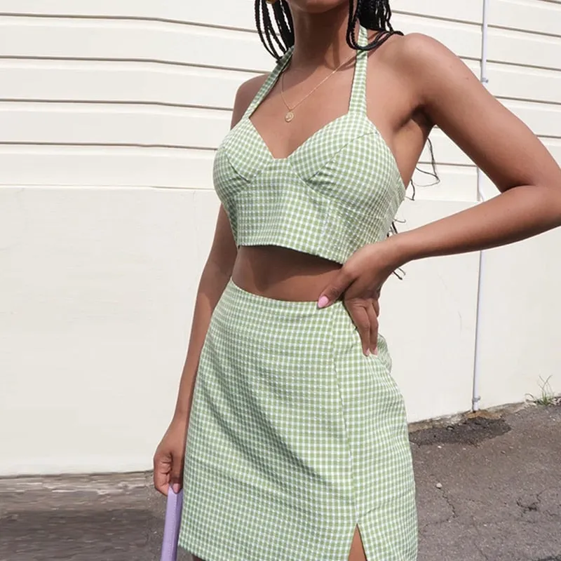 Mini Dress Summer Ruffles Sundress Short Sleeve Women's High Waist Plaid Skirt Sexy платье Halter Camisole Set Print Tie Up Wrap